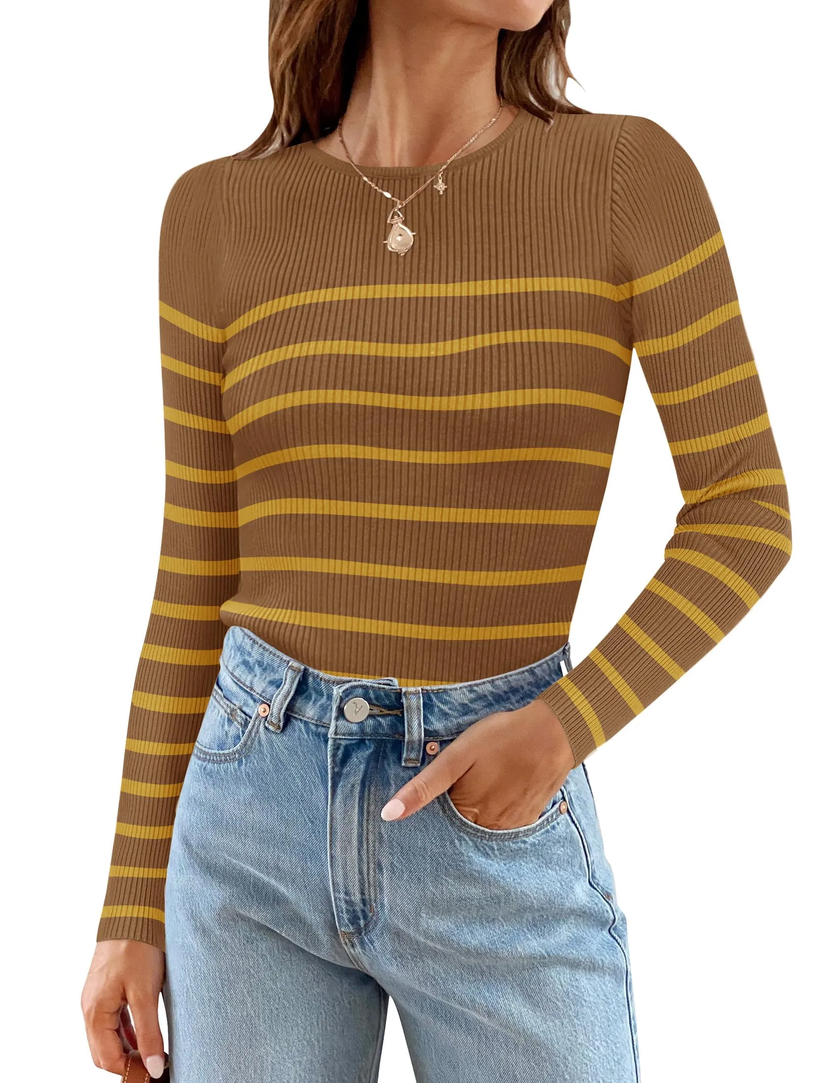 ZESICA Long Sleeve Crewneck Striped Ribbed Knit Top
