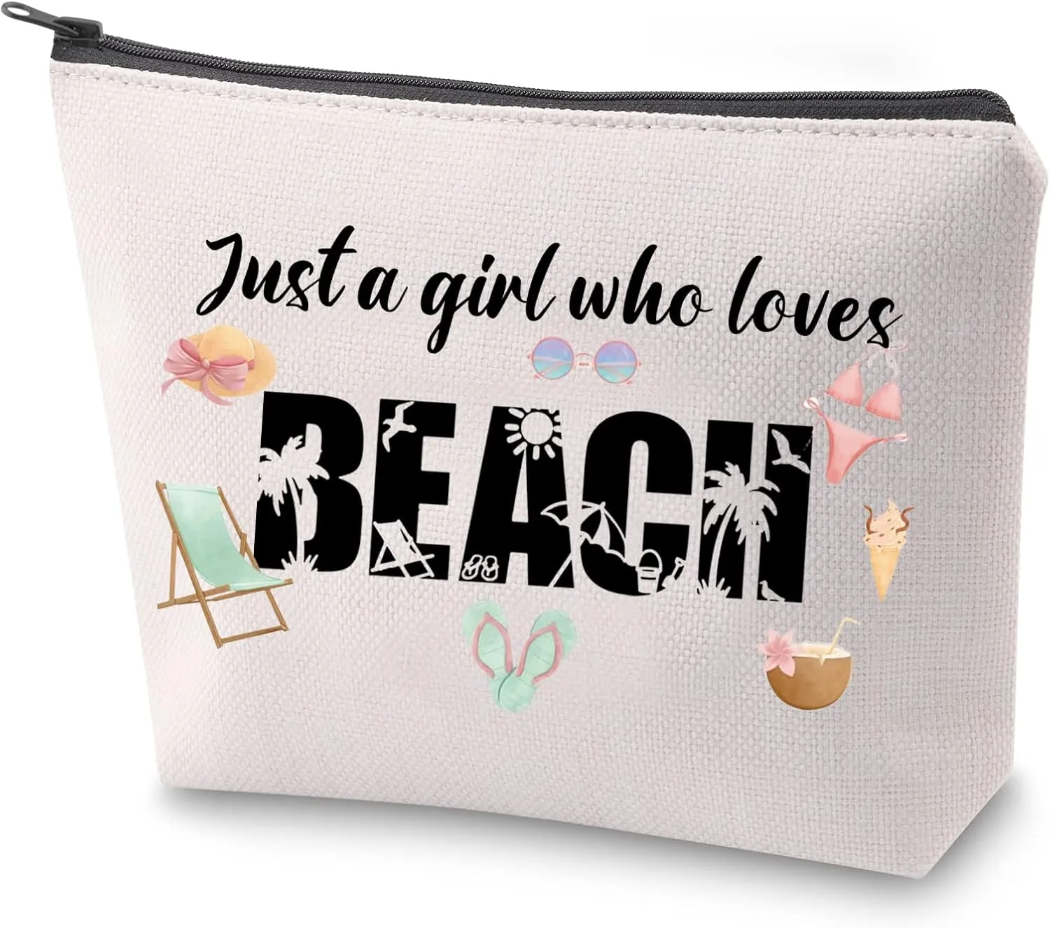 ZJXHPO Beach Trip Cosmetic Bag Just A Who Loves Beach Zipper Pouch Ocean Lover Gift Beach Makeup Bag Survival Kit Travel Case (beach)