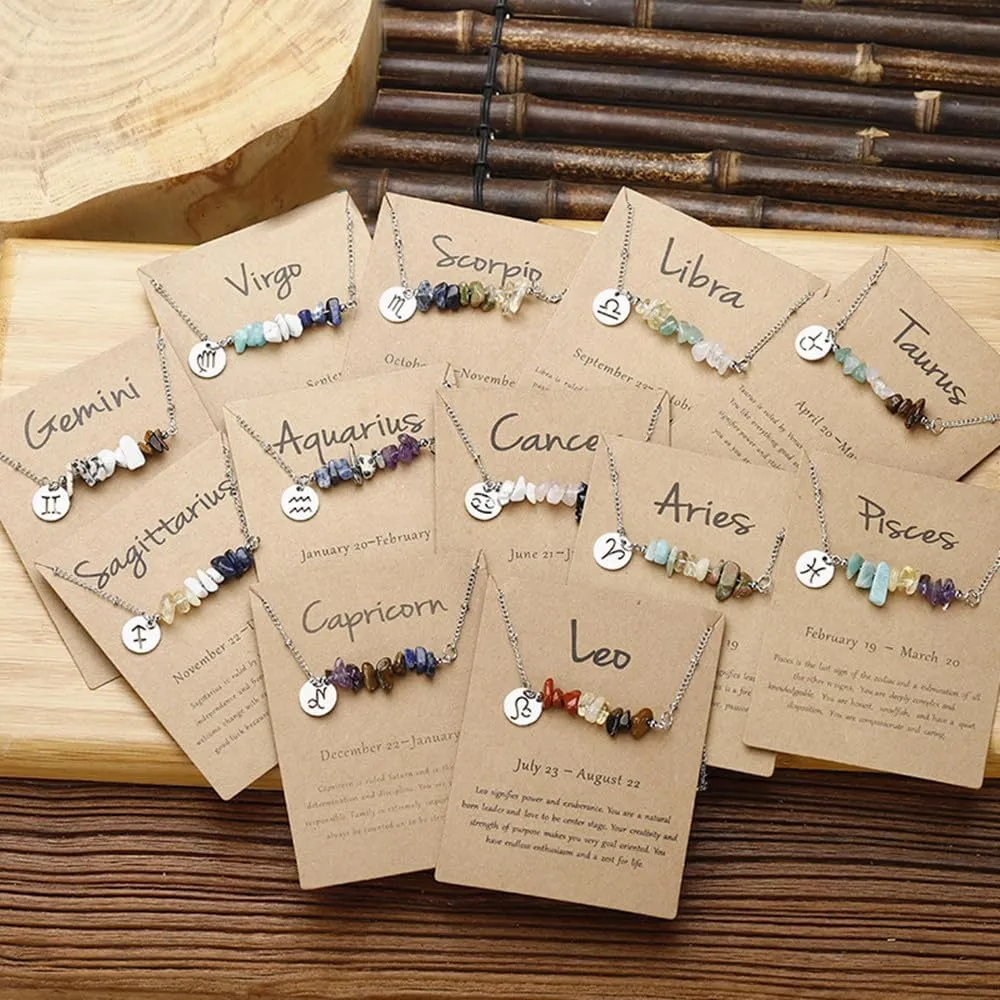 Zodiac Natural Stone Horoscope Charms Necklace 12 Constellation Astrology Healing Gemstone Crystal Card Necklace for Women Girls Teens Birthday Anniversary Friendship Exquisite Jewelry Gift Promise Jewelry Gift Card