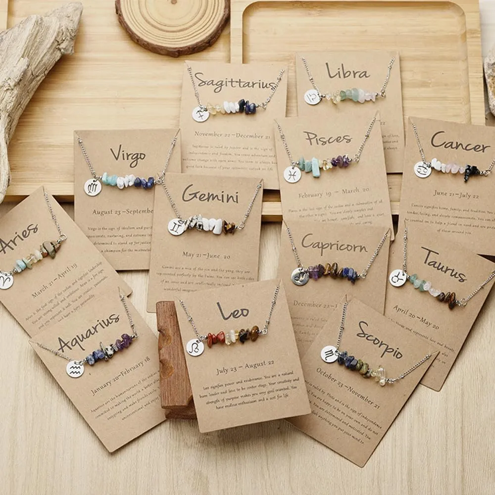 Zodiac Natural Stone Horoscope Charms Necklace 12 Constellation Astrology Healing Gemstone Crystal Card Necklace for Women Girls Teens Birthday Anniversary Friendship Exquisite Jewelry Gift Promise Jewelry Gift Card