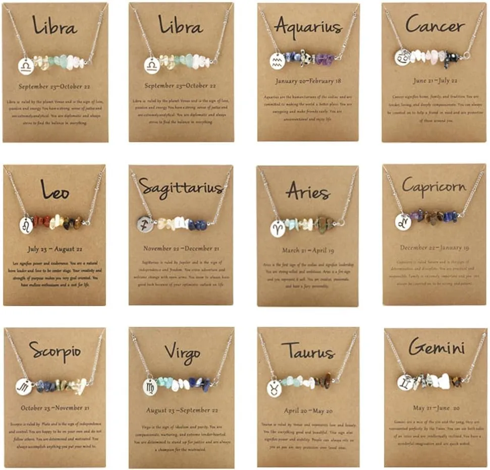 Zodiac Natural Stone Horoscope Charms Necklace 12 Constellation Astrology Healing Gemstone Crystal Card Necklace for Women Girls Teens Birthday Anniversary Friendship Exquisite Jewelry Gift Promise Jewelry Gift Card