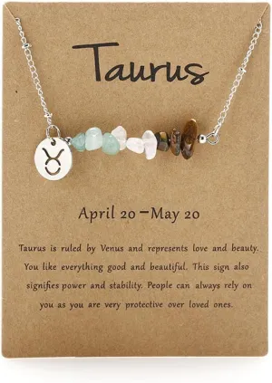 Zodiac Natural Stone Horoscope Charms Necklace 12 Constellation Astrology Healing Gemstone Crystal Card Necklace for Women Girls Teens Birthday Anniversary Friendship Exquisite Jewelry Gift Promise Jewelry Gift Card