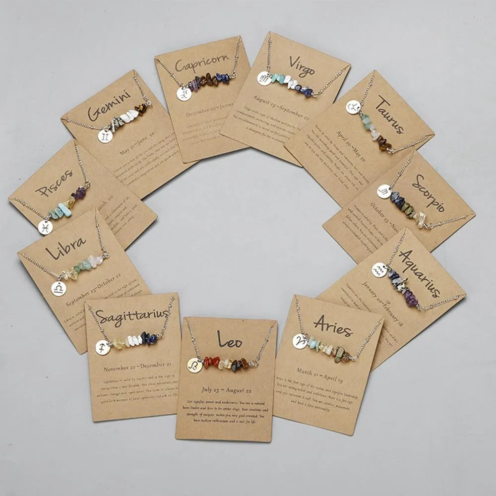 Zodiac Natural Stone Horoscope Charms Necklace 12 Constellation Astrology Healing Gemstone Crystal Card Necklace for Women Girls Teens Birthday Anniversary Friendship Exquisite Jewelry Gift Promise Jewelry Gift Card